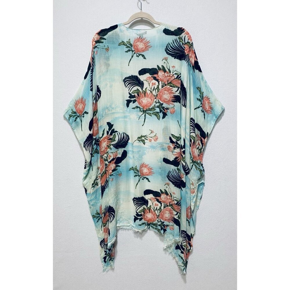 American Eagle Top Womens One Size Boho Floral Kimono Fringe Hem Beachy Hawaiian - Picture 5 of 9